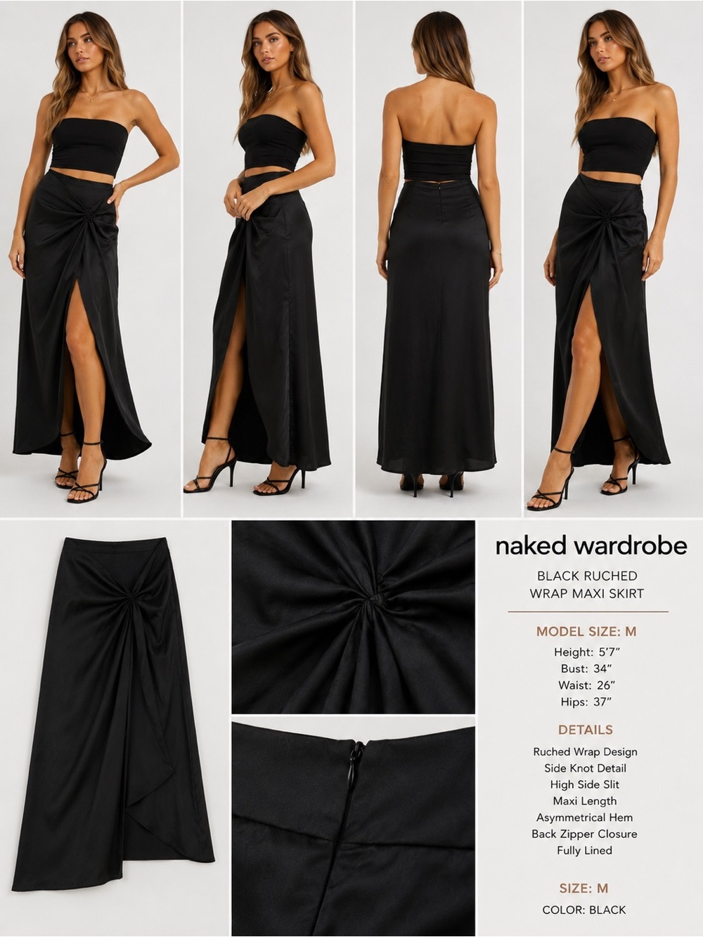Naked Wardrobe Black Ruched Wrap Maxi Skirt – Size Medium - Picture 1 of 1